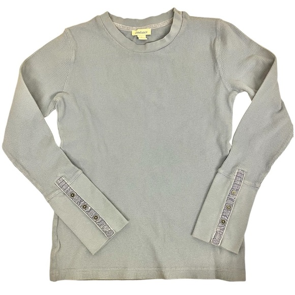 Sundance Crewneck Thermal Size S Velvet Trim Metal Button Cuff Light Blue - Picture 1 of 6